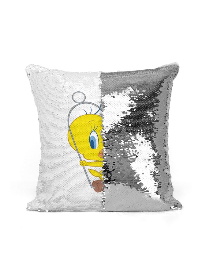 Tweety Bird Printed Sequined Throw Pillow Silver/White/Yellow 16x16inch - Image 2