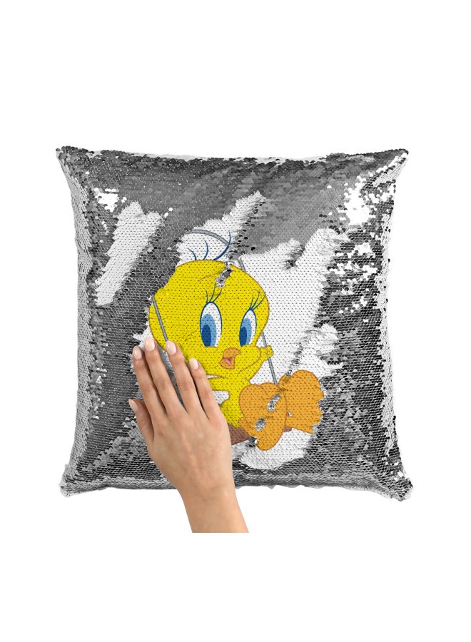 Tweety Bird Printed Sequined Throw Pillow Silver/White/Yellow 16x16inch - Image 3