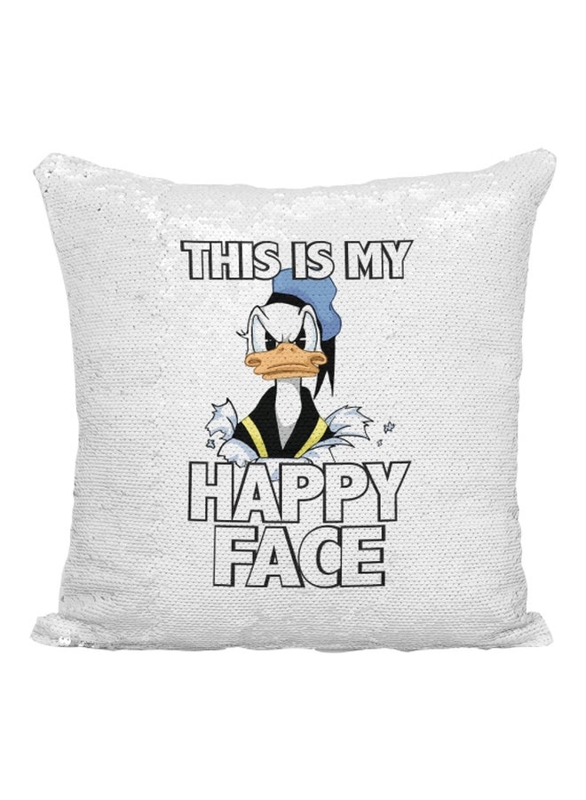 وسادة زينة مطرزة بالترتر ومطبوع عليها شخصية دونالد داك وعبارة "Happy Face" أبيض/أسود/فضي 16x16بوصة - Image 1