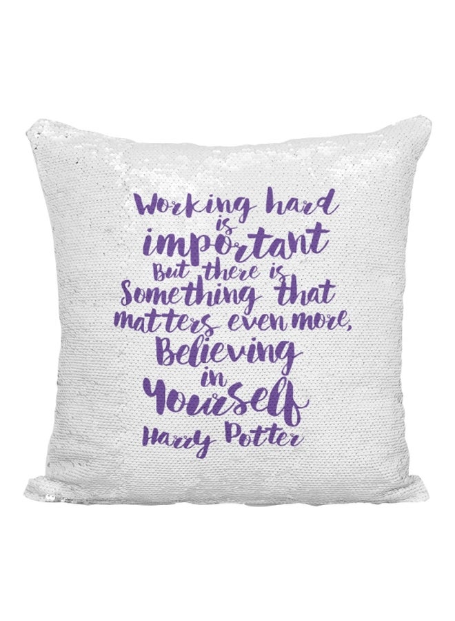 Harry Potter Quote Printed Sequined Throw Pillow Silver/White/Purple 16x16inch - Image 1