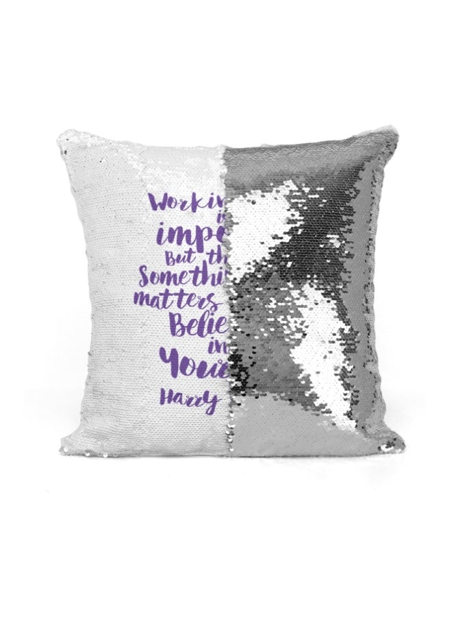 Harry Potter Quote Printed Sequined Throw Pillow Silver/White/Purple 16x16inch - Image 2