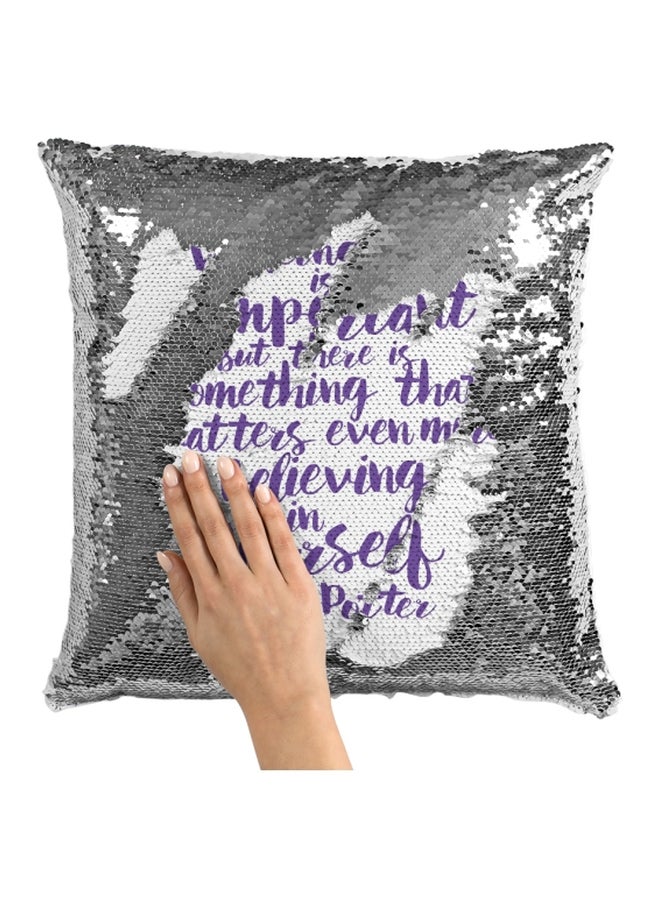 Harry Potter Quote Printed Sequined Throw Pillow Silver/White/Purple 16x16inch - Image 3