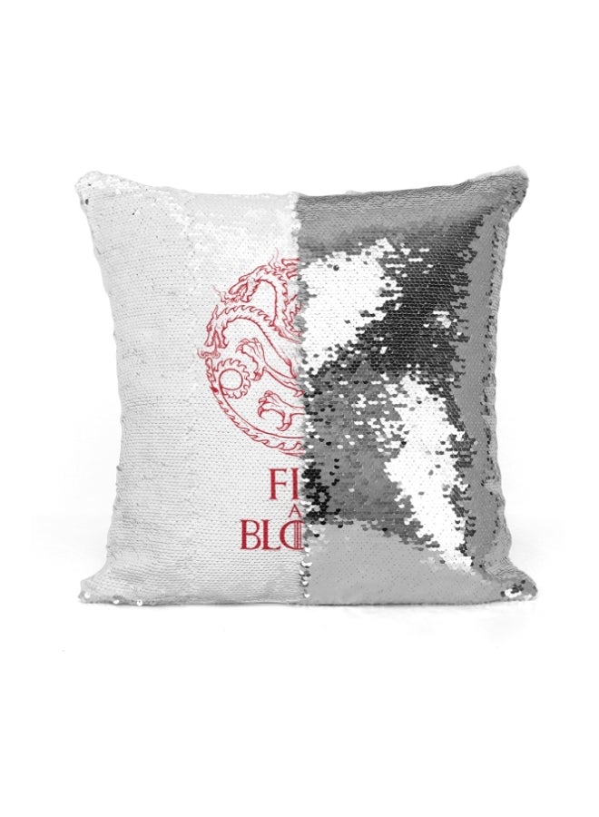 Game Of Thrones Fire And Blood Sigil Printed Sequined Throw Pillow Silver/White/Red 16x16inch - Image 2