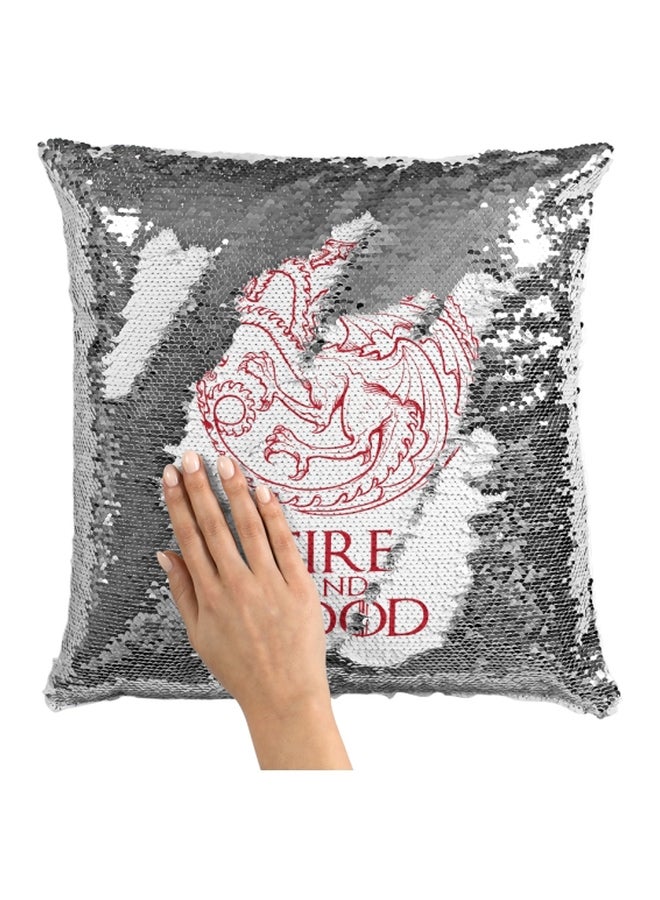 Game Of Thrones Fire And Blood Sigil Printed Sequined Throw Pillow Silver/White/Red 16x16inch - Image 3