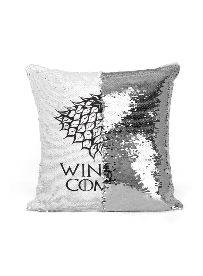 Game Of Thrones House Stark Winter Is Coming Sigil Printed Sequined Throw Pillow Silver/White/Black 16x16inch - Image 2