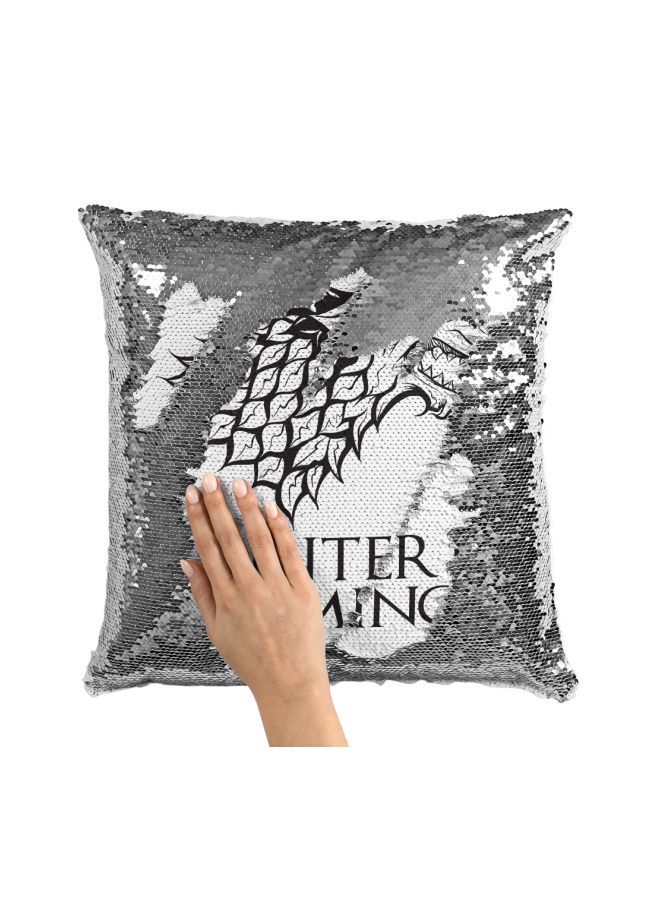 Game Of Thrones House Stark Winter Is Coming Sigil Printed Sequined Throw Pillow Silver/White/Black 16x16inch - Image 3