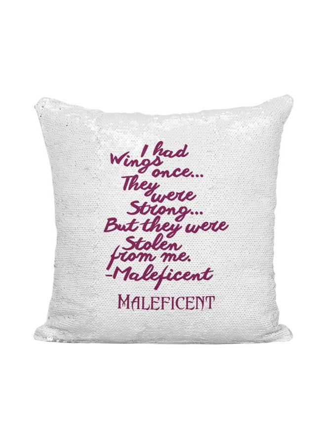 Maleficent Quote Printed Sequined Throw Pillow Silver/White/Purple 16x16inch - Image 1