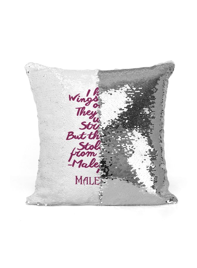Maleficent Quote Printed Sequined Throw Pillow Silver/White/Purple 16x16inch - Image 2