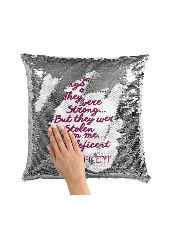 Maleficent Quote Printed Sequined Throw Pillow Silver/White/Purple 16x16inch - Image 3