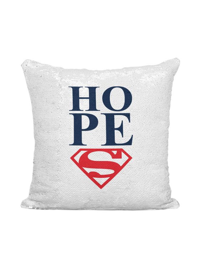 وسادة ديكور محشوة ومطرزة بالترتر بطبعة تحمل كلمة Hope وشعار سوبرمان فضي/أبيض/أحمر 16x16بوصة - Image 1