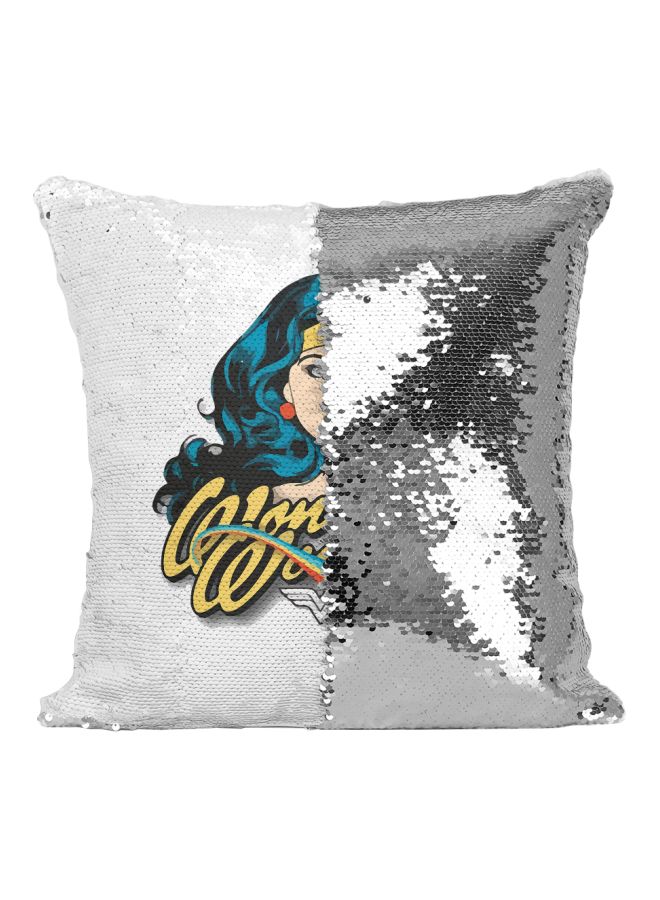 Wonder Woman Sequined Throw Pillow Silver/Blue/Red 16x16inch - Image 2