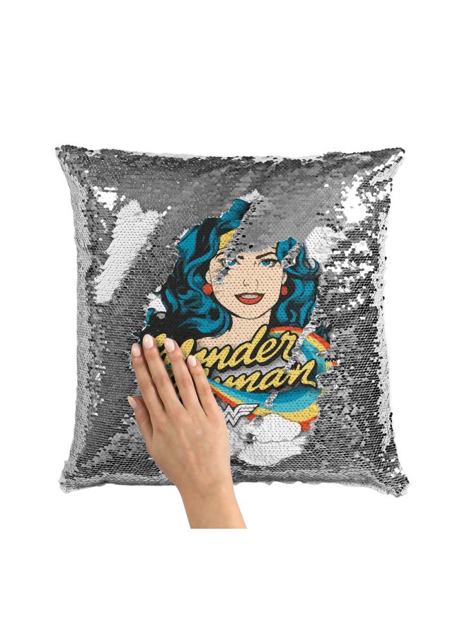 Wonder Woman Sequined Throw Pillow Silver/Blue/Red 16x16inch - Image 3