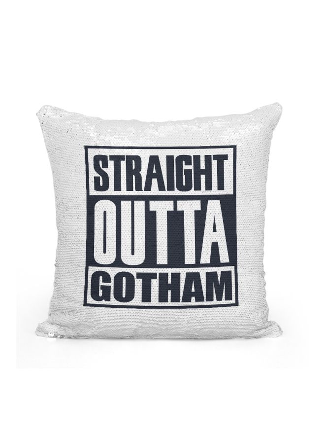 وسادة زينة مطرزة بالترتر مطبوع عليها عبارة "Straight Outta Gotham" فضي / أسود / أبيض 16x16بوصة - Image 1