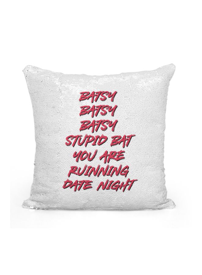Quotes Printed Sequined Throw Pillow Silver/White/Red 16x16inch - Image 1