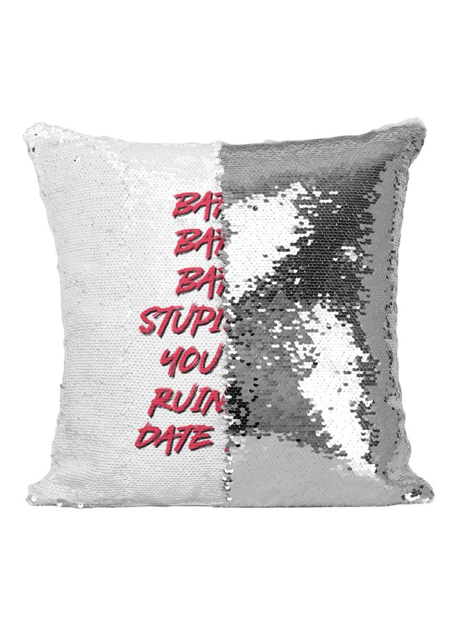 Quotes Printed Sequined Throw Pillow Silver/White/Red 16x16inch - Image 2