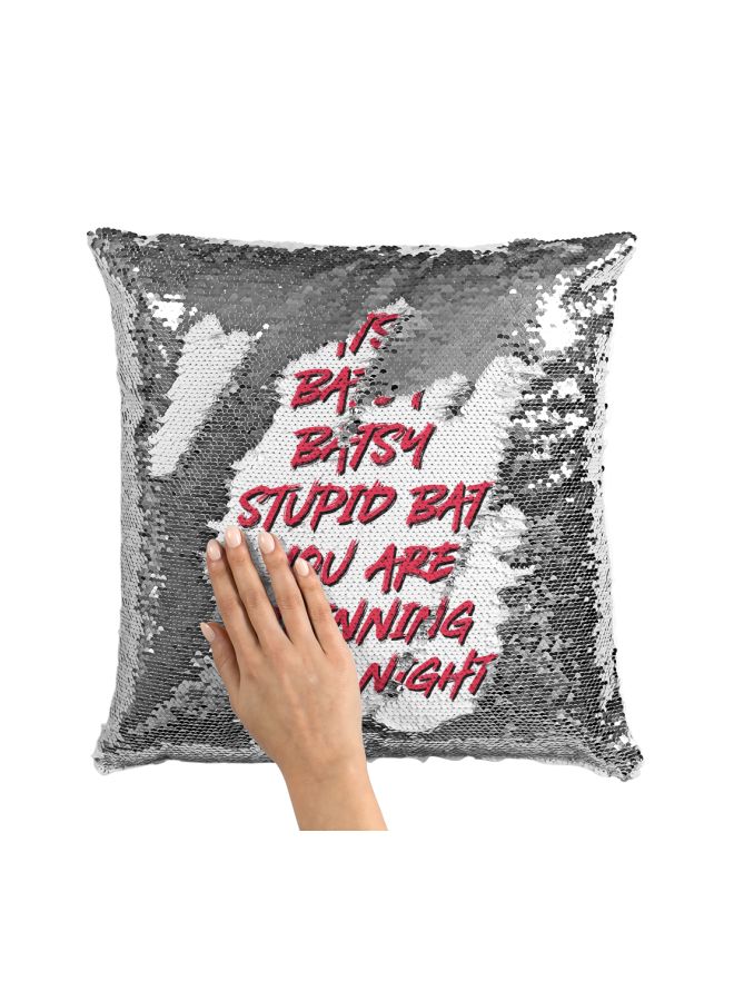 Quotes Printed Sequined Throw Pillow Silver/White/Red 16x16inch - Image 3