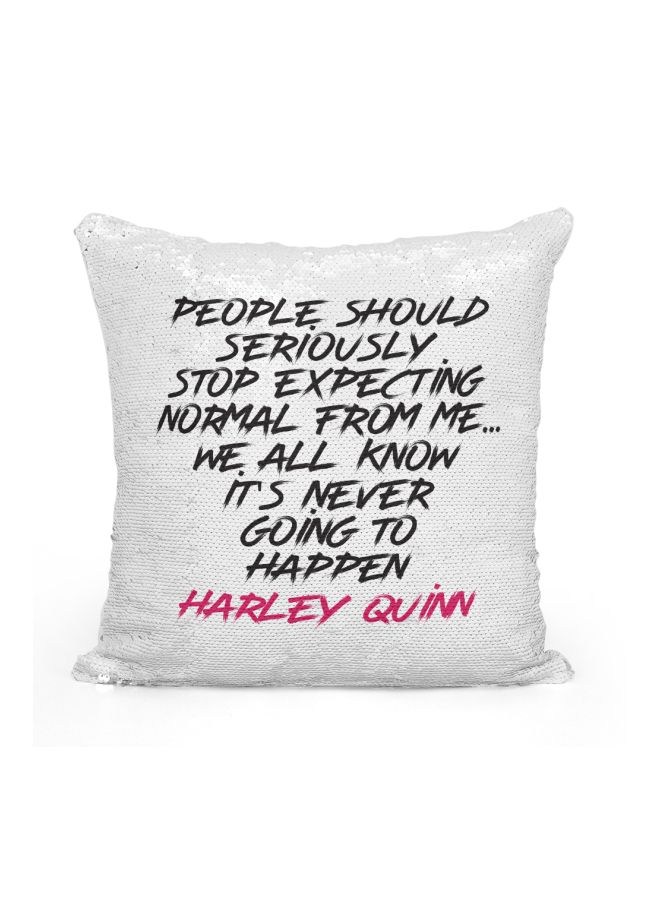 Quotes Printed Sequined Throw Pillow Silver/White/Black 16x16inch - Image 1