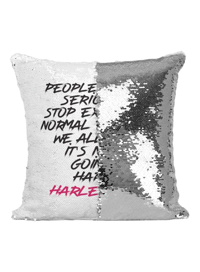 Quotes Printed Sequined Throw Pillow Silver/White/Black 16x16inch - Image 2