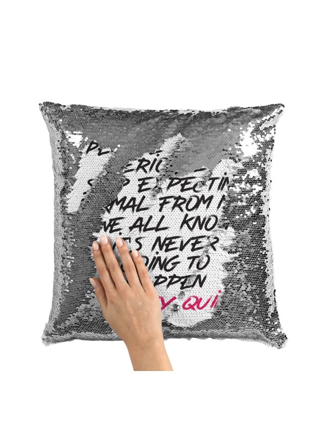 Quotes Printed Sequined Throw Pillow Silver/White/Black 16x16inch - Image 3