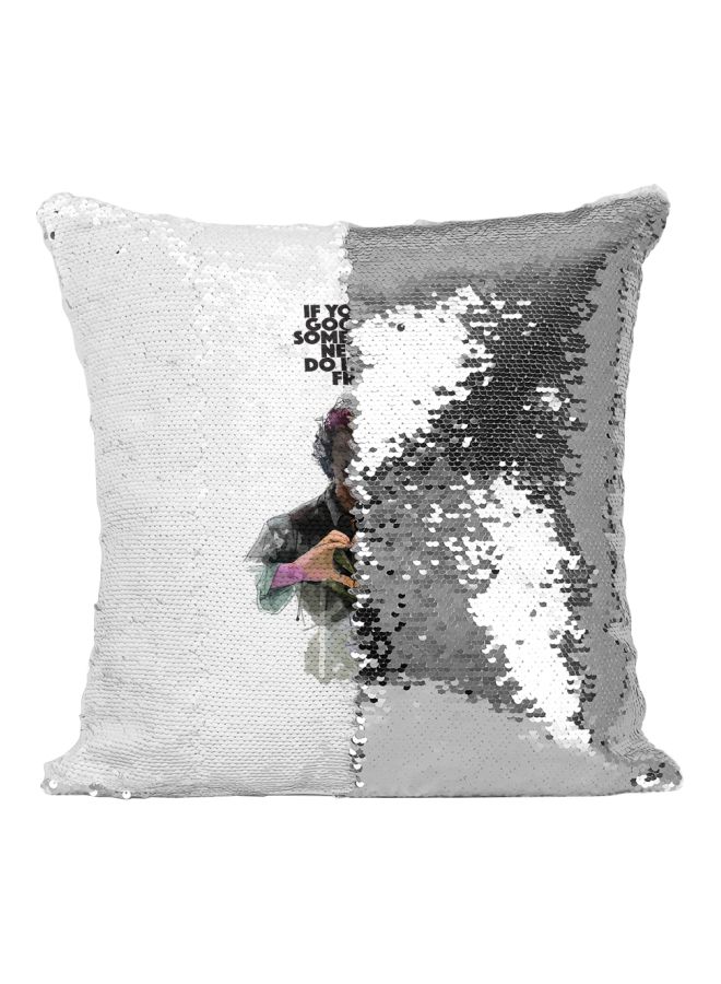 Printed Sequined Throw Pillow Silver/White/Green 16x16inch - Image 2