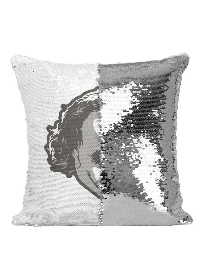 Lets Put A Smile Printed Sequined Throw Pillow Silver/White/Grey 16x16inch - Image 2