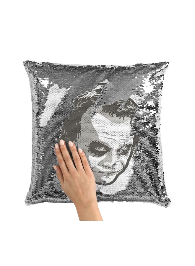 Lets Put A Smile Printed Sequined Throw Pillow Silver/White/Grey 16x16inch - Image 3