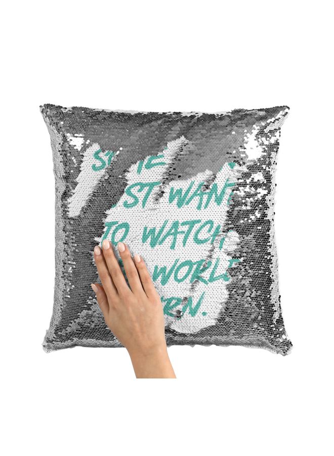Printed Sequined Throw Pillow Silver/White/Green 16x16inch - Image 3