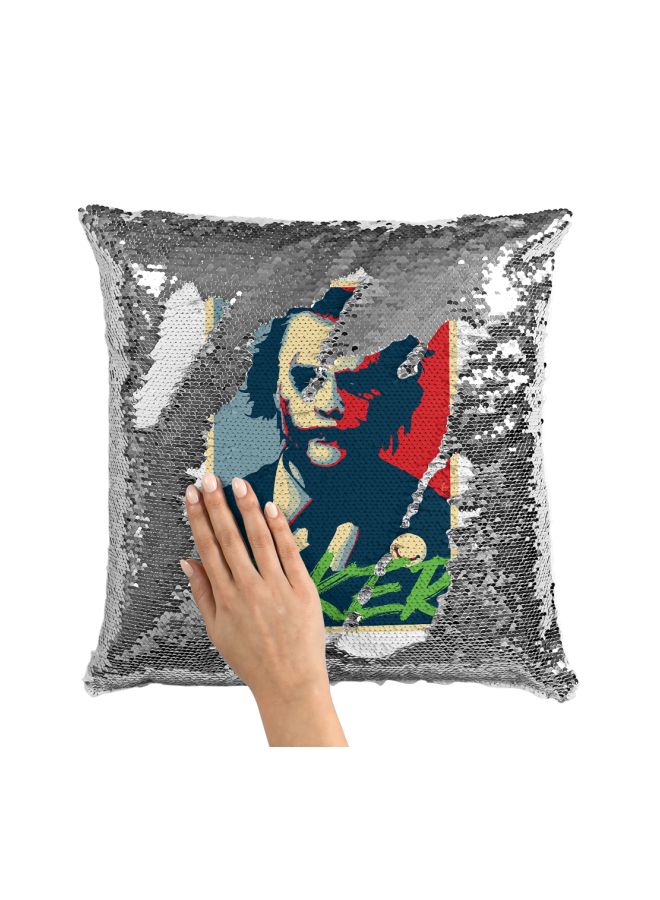 Joker Theme Sequined Throw Pillow Silver/White/Blue 16x16inch - Image 3