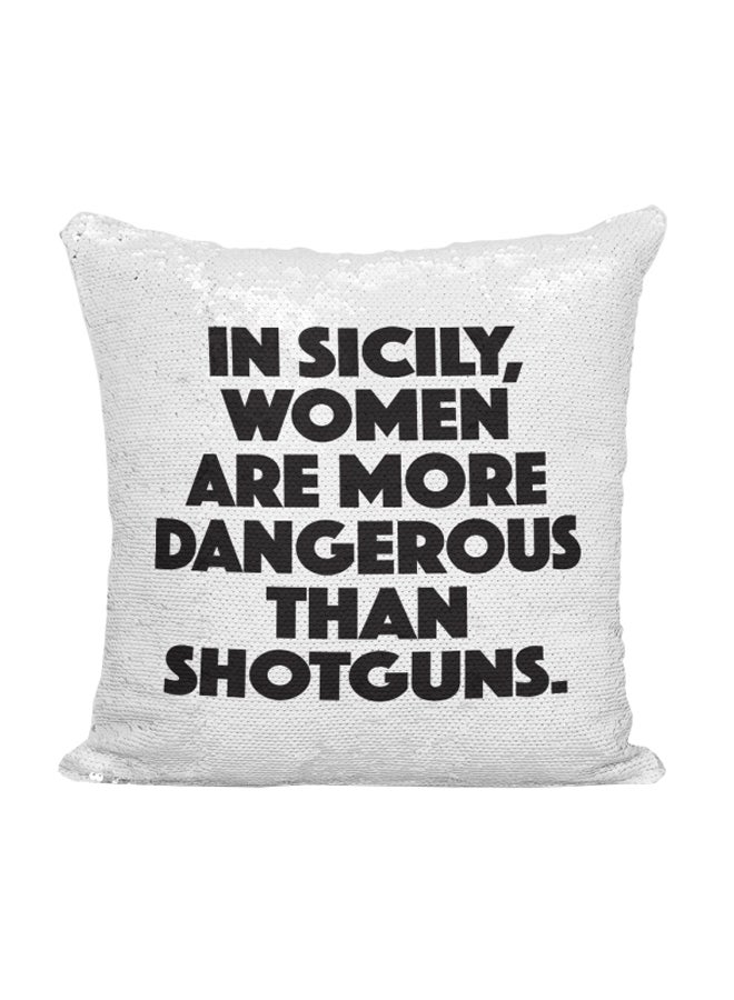 Quote Printed Sequined Throw Pillow Silver/White/Black 16x16inch - Image 1