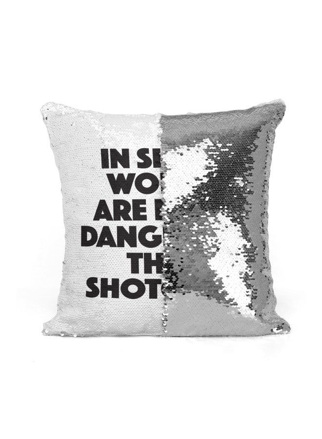 Quote Printed Sequined Throw Pillow Silver/White/Black 16x16inch - Image 2
