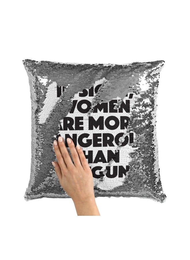 Quote Printed Sequined Throw Pillow Silver/White/Black 16x16inch - Image 3