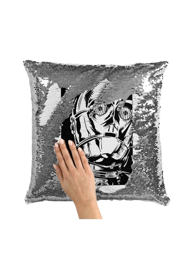 وسادة زينة مطرزة بالترتر ومزينة بطبعة أبيض/أسود/فضي 16x16بوصة - Image 3