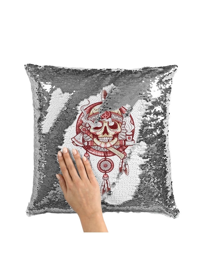 وسادة زينة مطرزة بالترتر ومزينة بطبعة فضي/أحمر/أبيض 16x16بوصة - Image 3