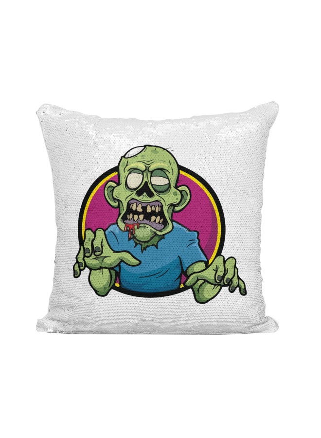 Printed Sequined Throw Pillow Silver/Green/Blue 16x16inch - Image 1
