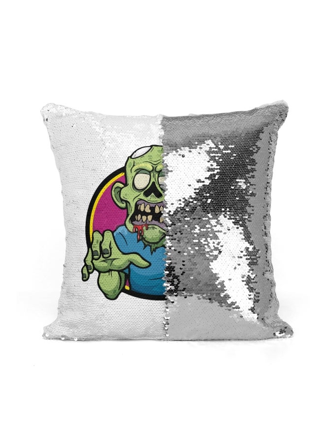 Printed Sequined Throw Pillow Silver/Green/Blue 16x16inch - Image 2