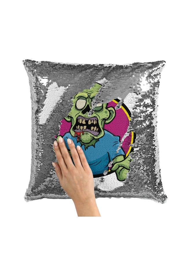 Printed Sequined Throw Pillow Silver/Green/Blue 16x16inch - Image 3