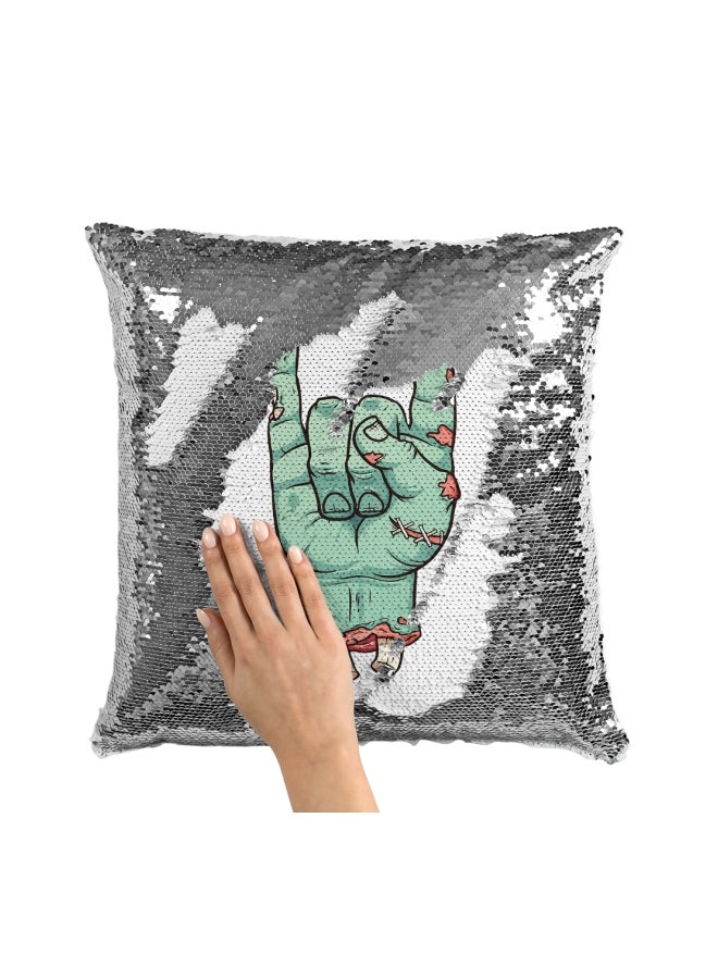 وسادة زينة مطرزة بالترتر ومزينة بطبعة فضي / أخضر 16x16بوصة - Image 3