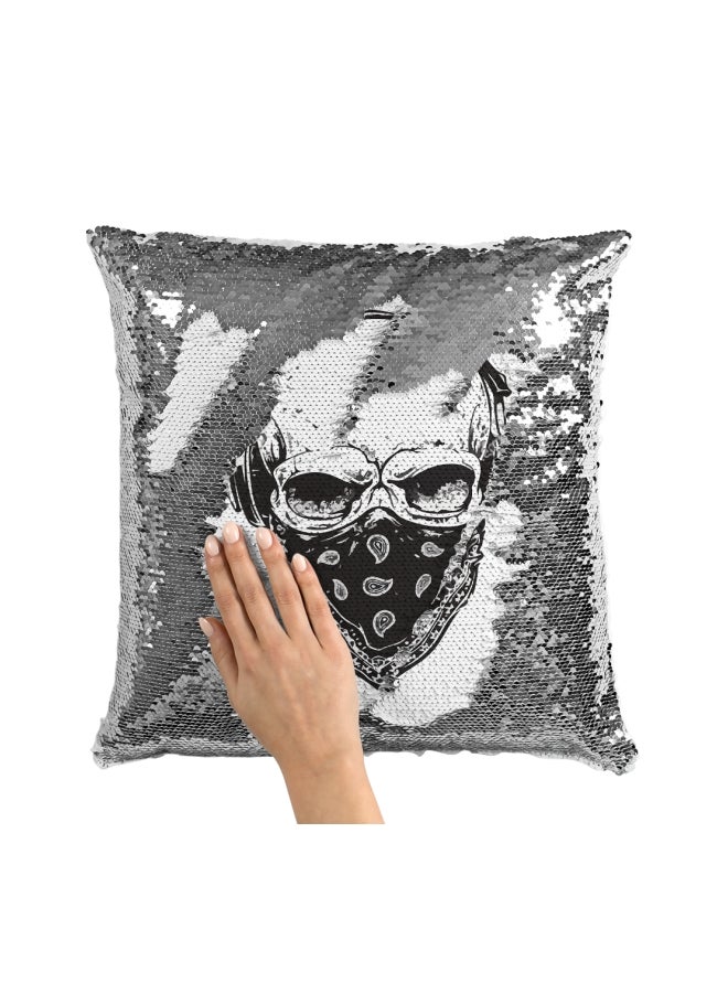 Printed Sequined Throw Pillow Silver/White/Black 16x16inch - Image 3