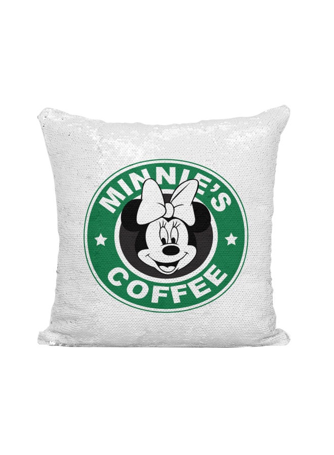 وسادة زينة مطرزة بالترتر مطبوع عليها شعار ستاربكس وعبارة "Minnie's Coffee" فضي / أبيض/أخضر 16x16بوصة - Image 1