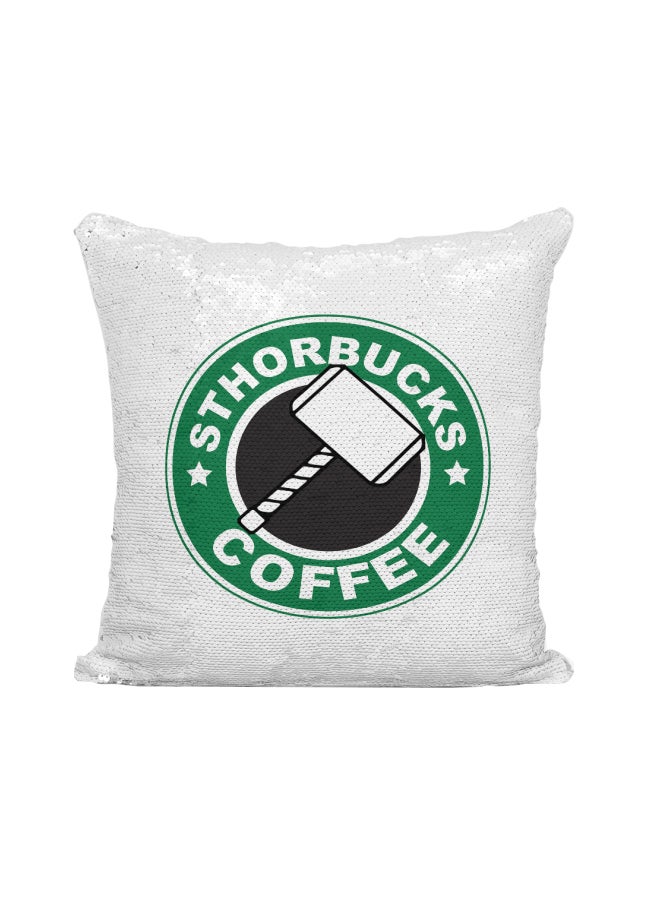 وسادة زينة مطرزة بالترتر ومطبوع عليها شعار ستاربكس وعبارة "Sthorbucks Coffee" فضي / أبيض/أخضر 16x16بوصة - Image 1