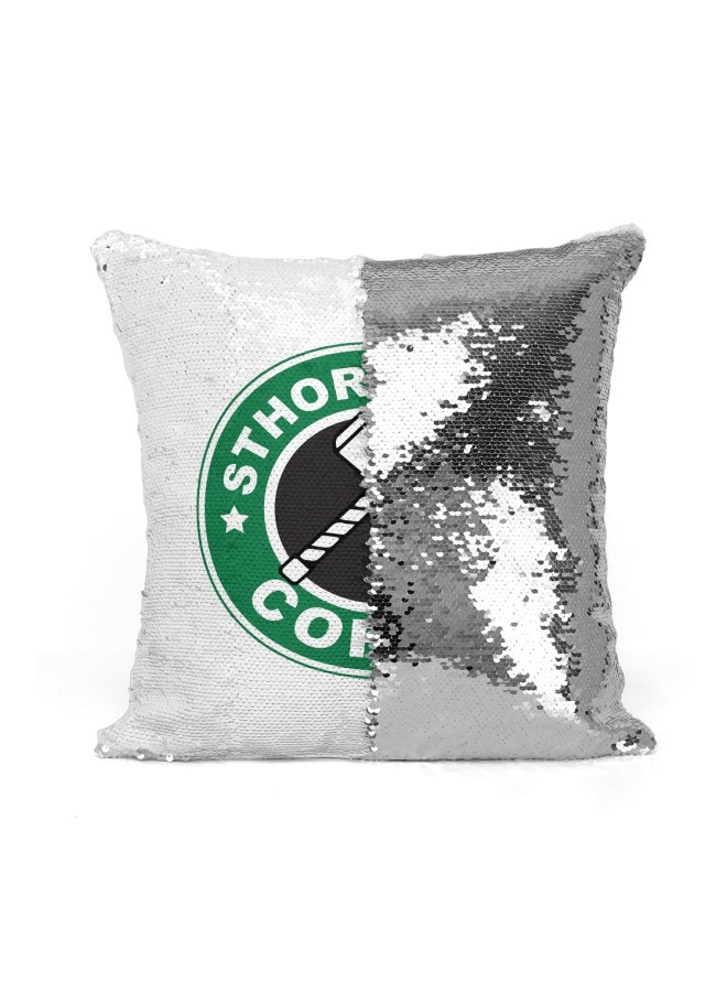 وسادة زينة مطرزة بالترتر ومطبوع عليها شعار ستاربكس وعبارة "Sthorbucks Coffee" فضي / أبيض/أخضر 16x16بوصة - Image 2