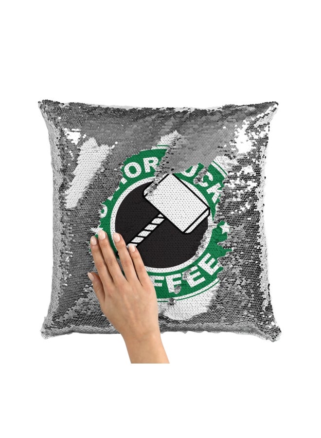 وسادة زينة مطرزة بالترتر ومطبوع عليها شعار ستاربكس وعبارة "Sthorbucks Coffee" فضي / أبيض/أخضر 16x16بوصة - Image 3