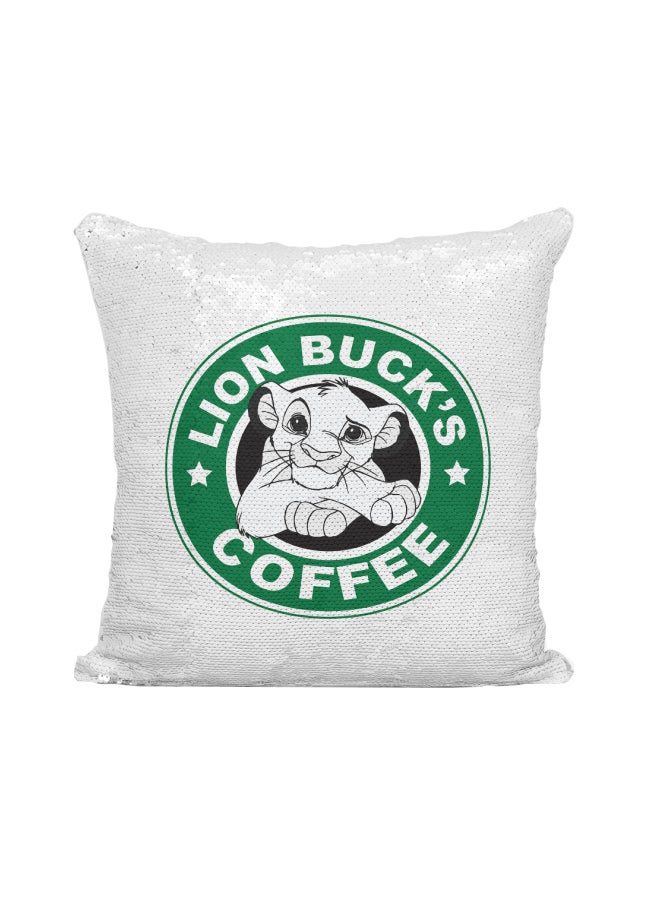 Starbucks Lion Buck's Coffee Printed Sequined Throw Pillow Silver/White/Green 16x16inch - Image 1