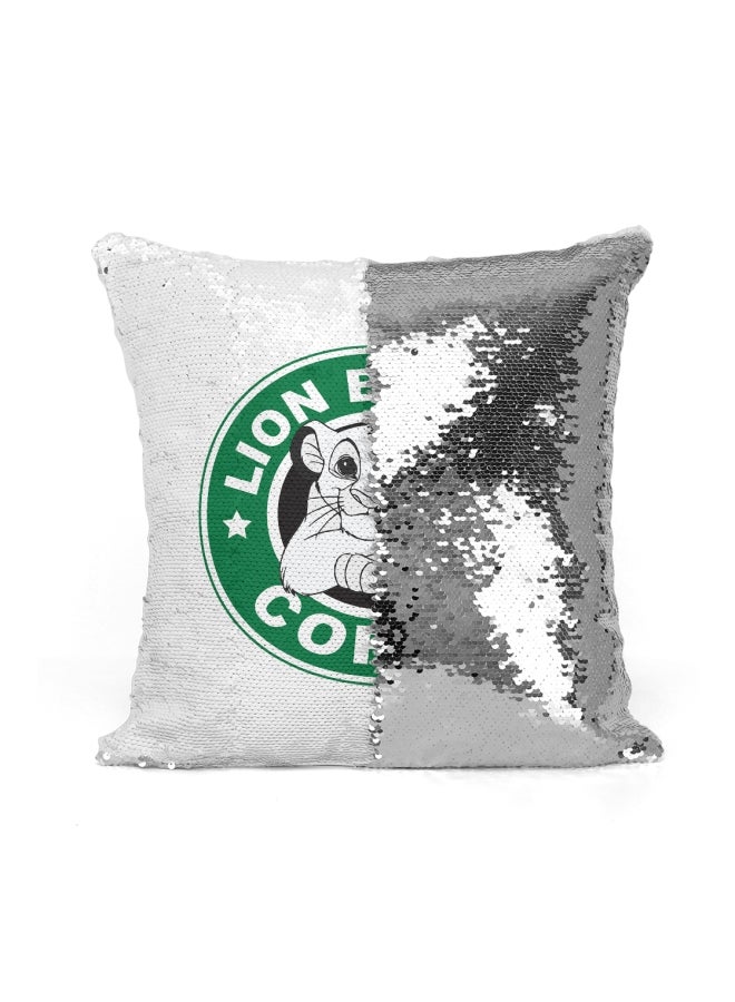Starbucks Lion Buck's Coffee Printed Sequined Throw Pillow Silver/White/Green 16x16inch - Image 2