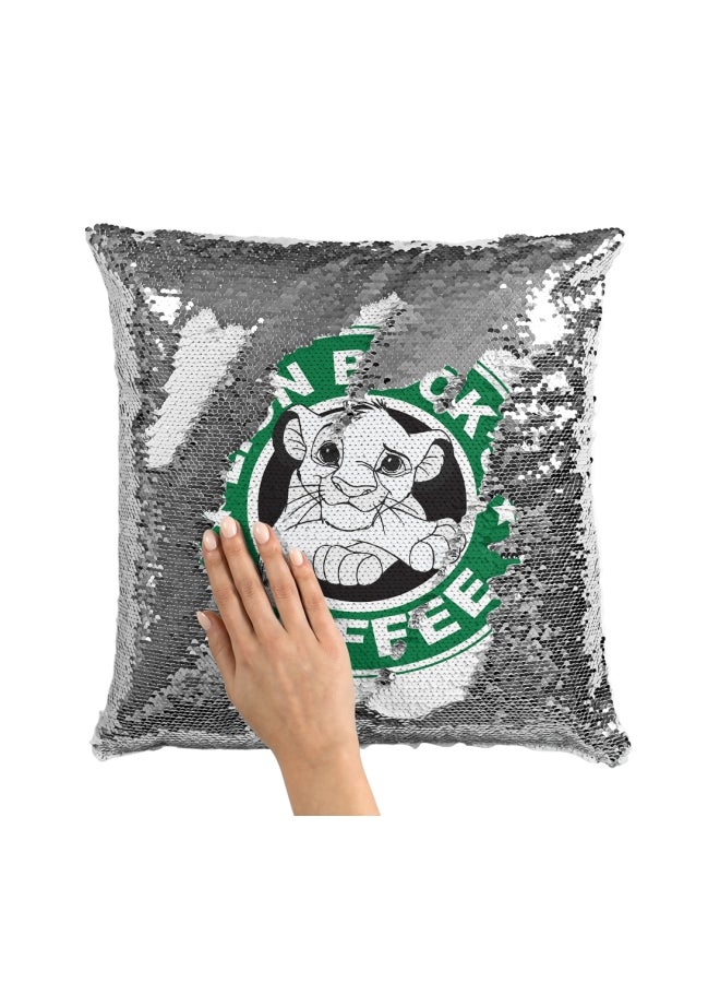 Starbucks Lion Buck's Coffee Printed Sequined Throw Pillow Silver/White/Green 16x16inch - Image 3