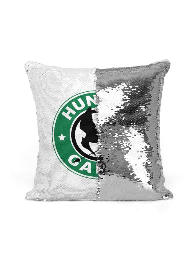 Starbucks Hunger Games Printed Sequined Throw Pillow Silver/White/Green 16x16inch - Image 2
