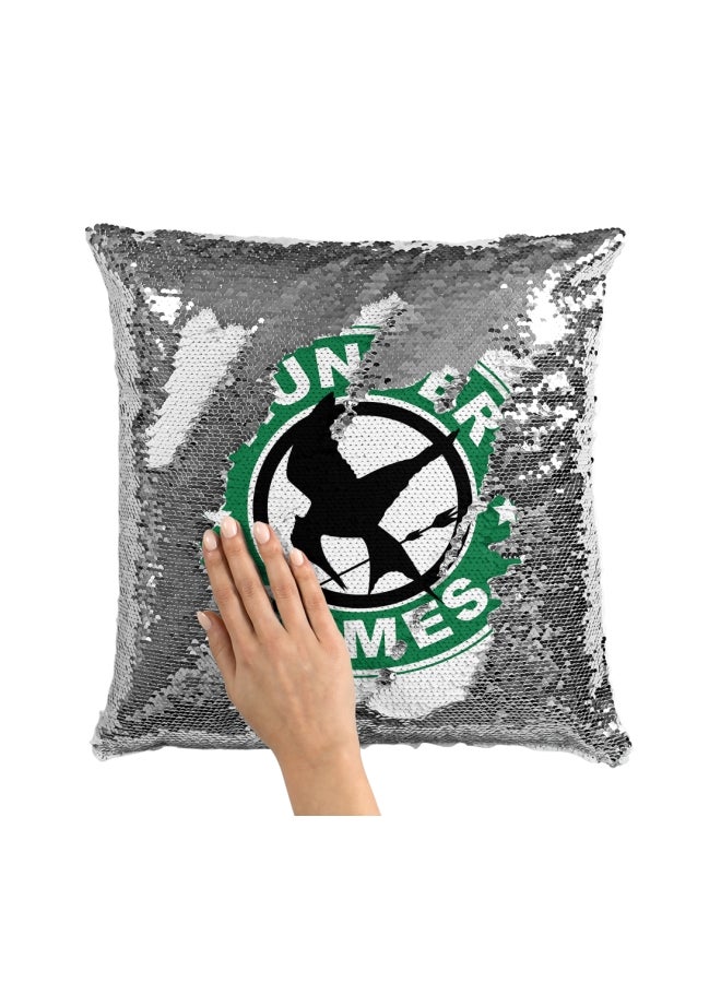Starbucks Hunger Games Printed Sequined Throw Pillow Silver/White/Green 16x16inch - Image 3