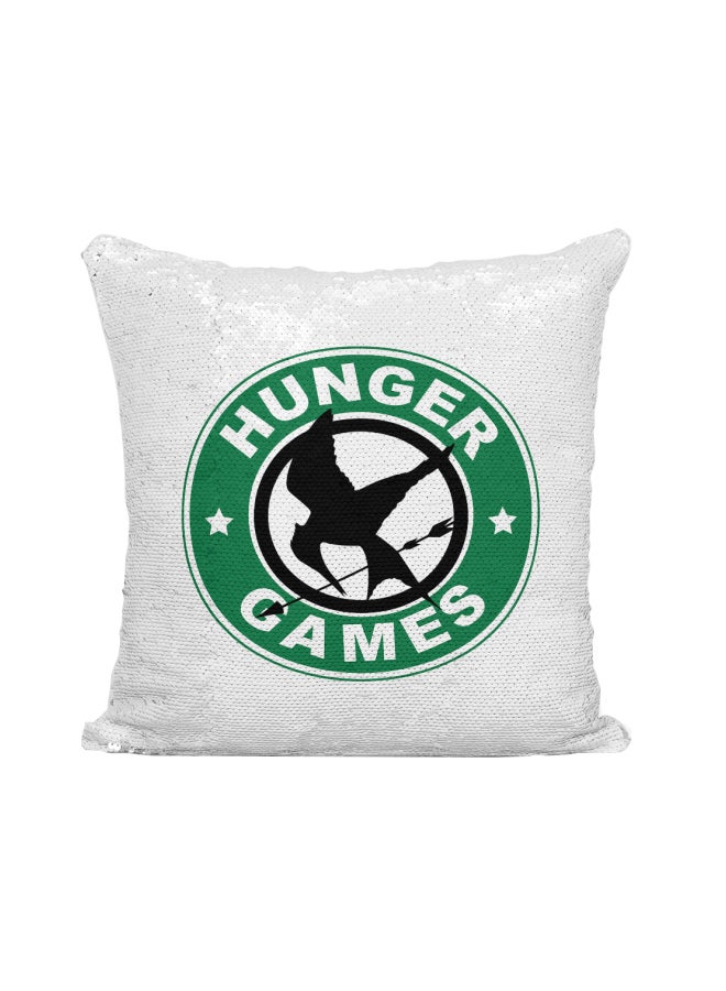 Starbucks Hunger Games Printed Sequined Throw Pillow Silver/White/Green 16x16inch - Image 1