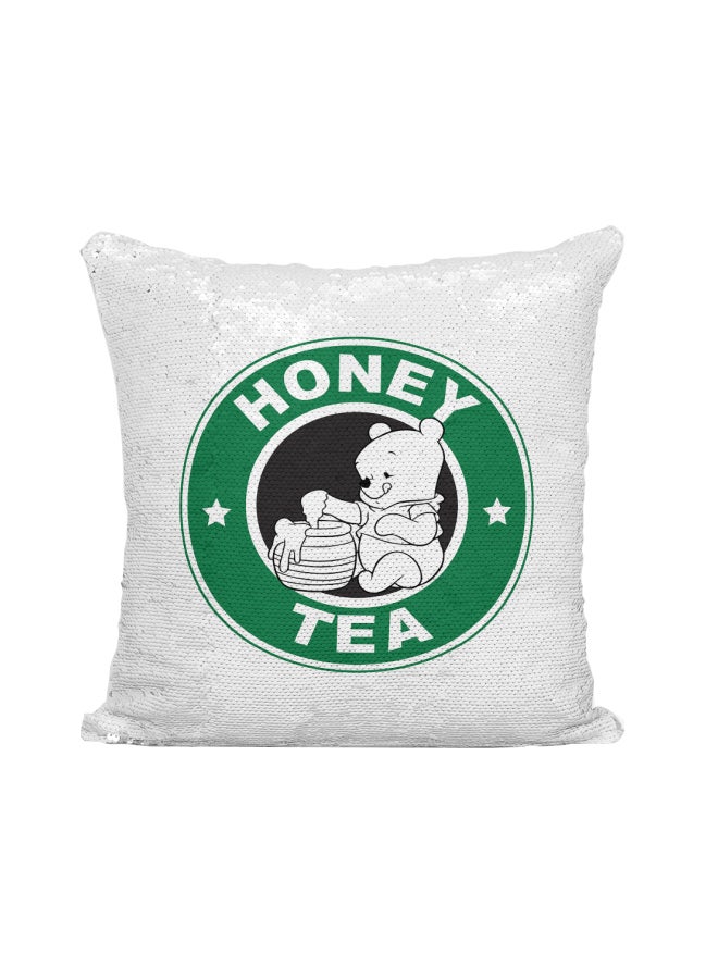 وسادة ديكور مطرزة بالترتر بطبعة تحمل شعار ستاربكس والدب بووه وHoney Tea فضي / أبيض/أخضر 16x16بوصة - Image 1