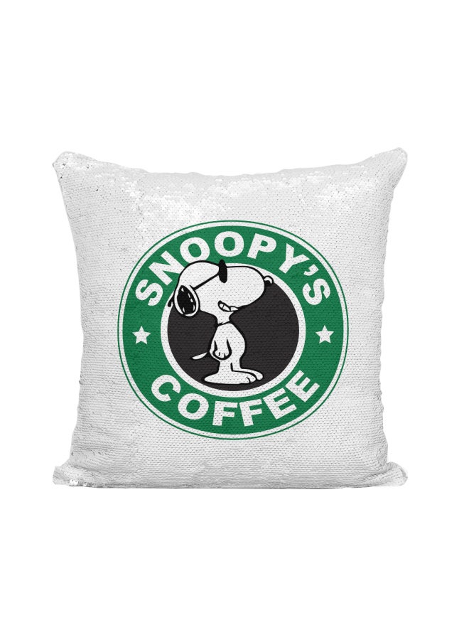 وسادة زينة مطرزة بالترتر ومطبوع عليها شعار ستاربكس وعبارة "Snoopy's Coffee" فضي / أبيض/أخضر 16x16بوصة - Image 1